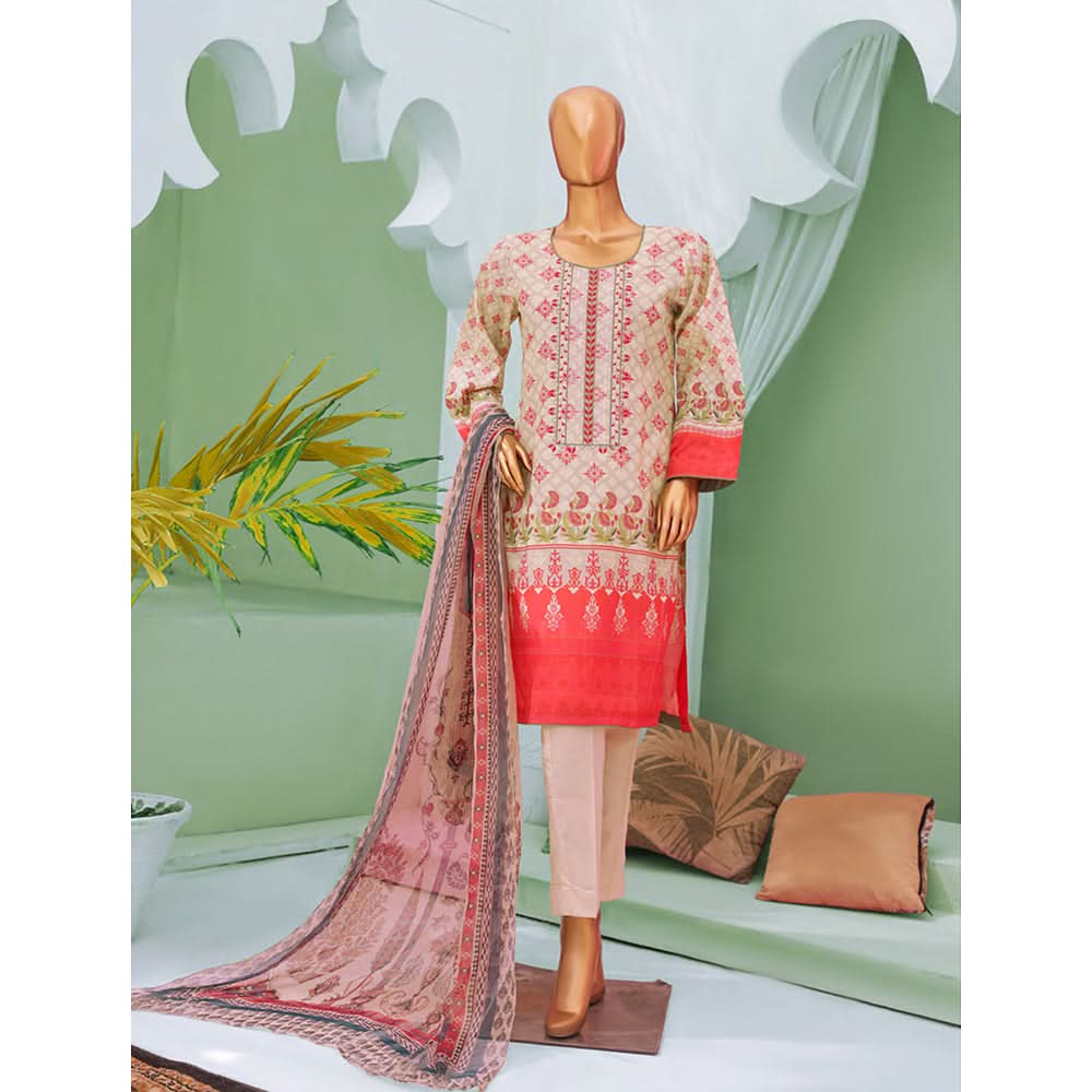 Minahil Printed Lawn Embroidered 3Pcs Suit with Bember Dupatta - 4