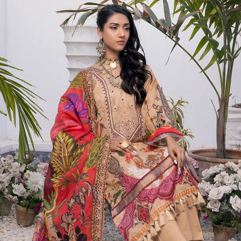 Janan Printed Lawn Embroidered Suit 3Pcs with Cut Work Dupatta - 9