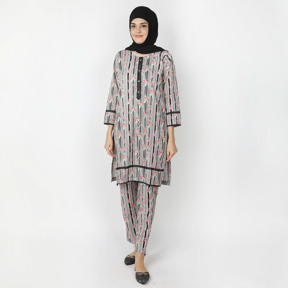 Women's Printed Khaddar Stitched 2pcs Suit - Light Grey