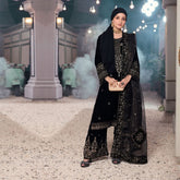Eminent Women's Velvet Embroidered Unstitched Suit With Embroidered Shawl - Black