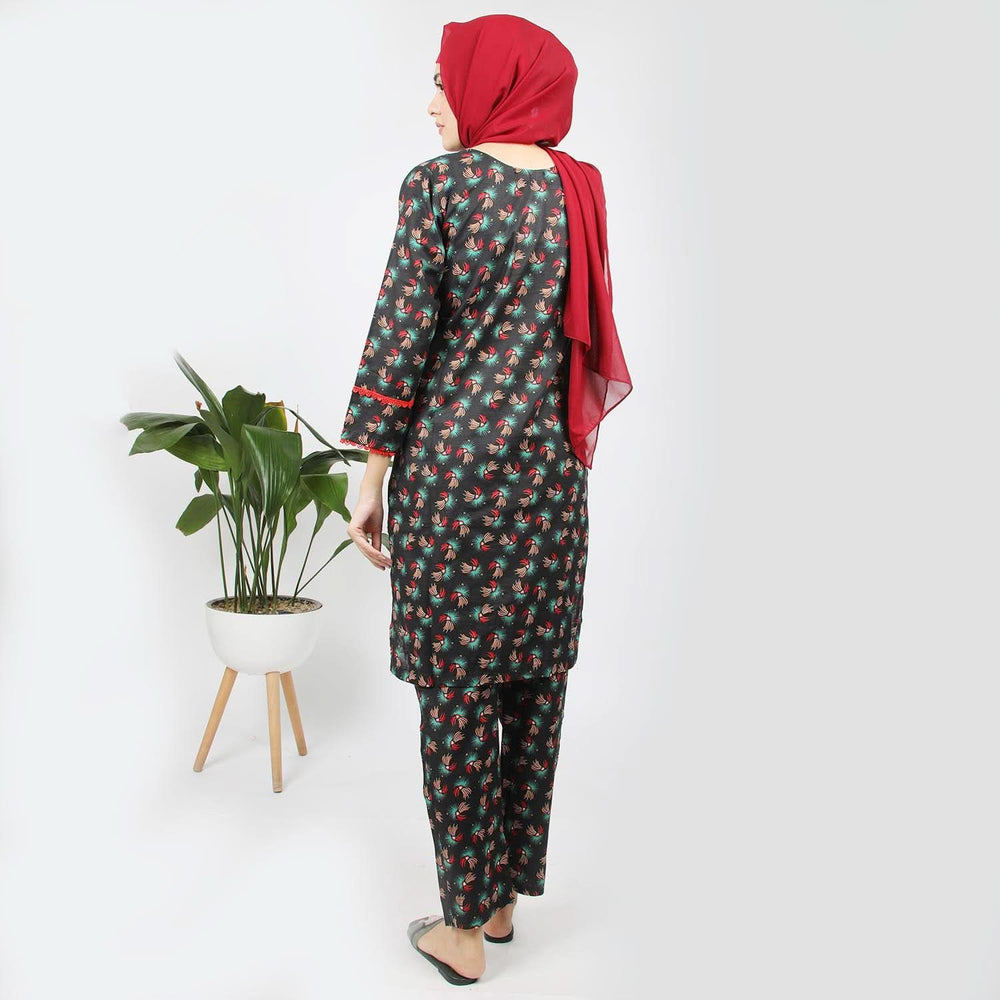 Women's Printed Khaddar Stitched 2pcs Suit - Black