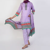 Women's Printed Stitched 3 PCS Suit - Purple