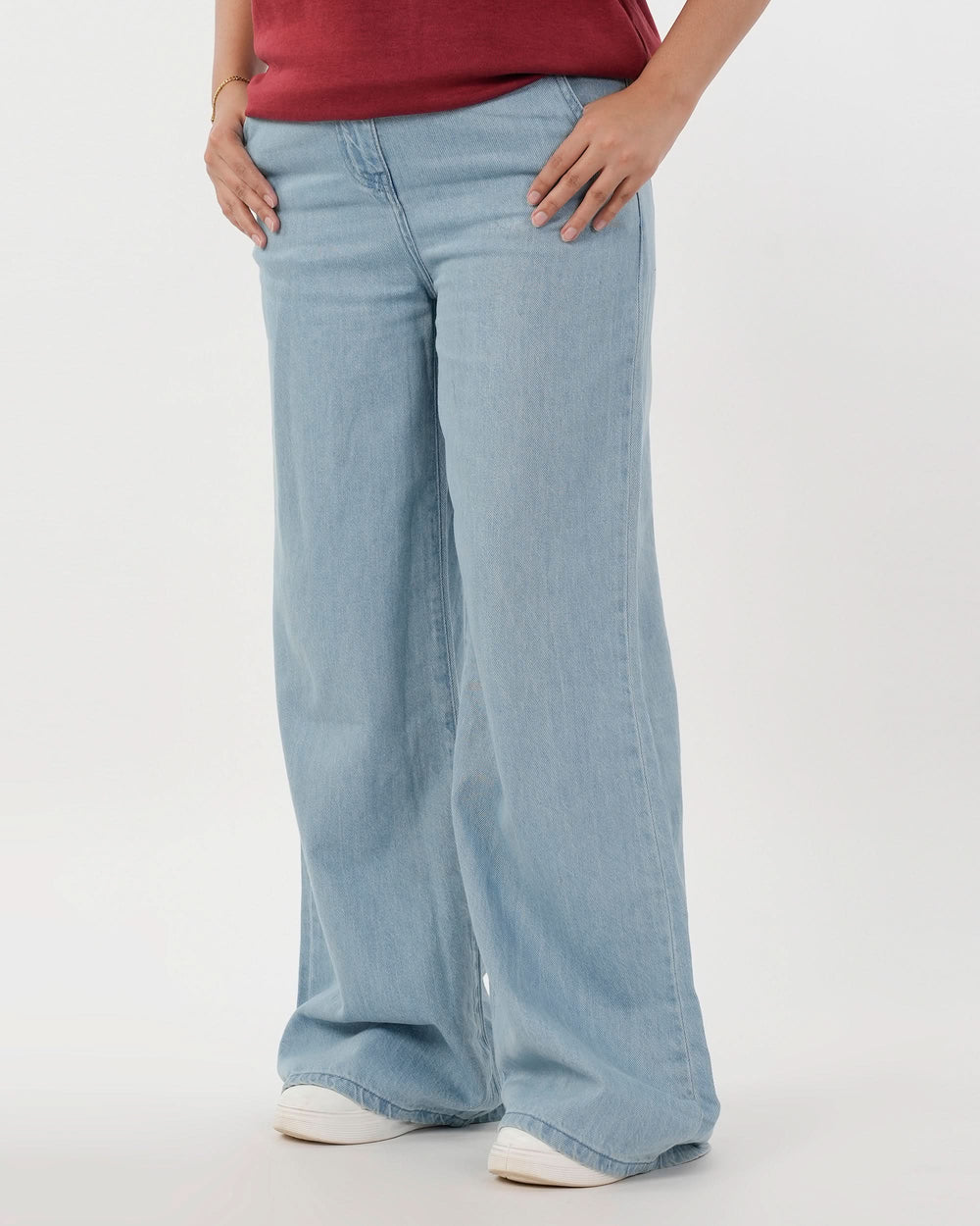 Women's Flared Denim With Belt - Ice Blue