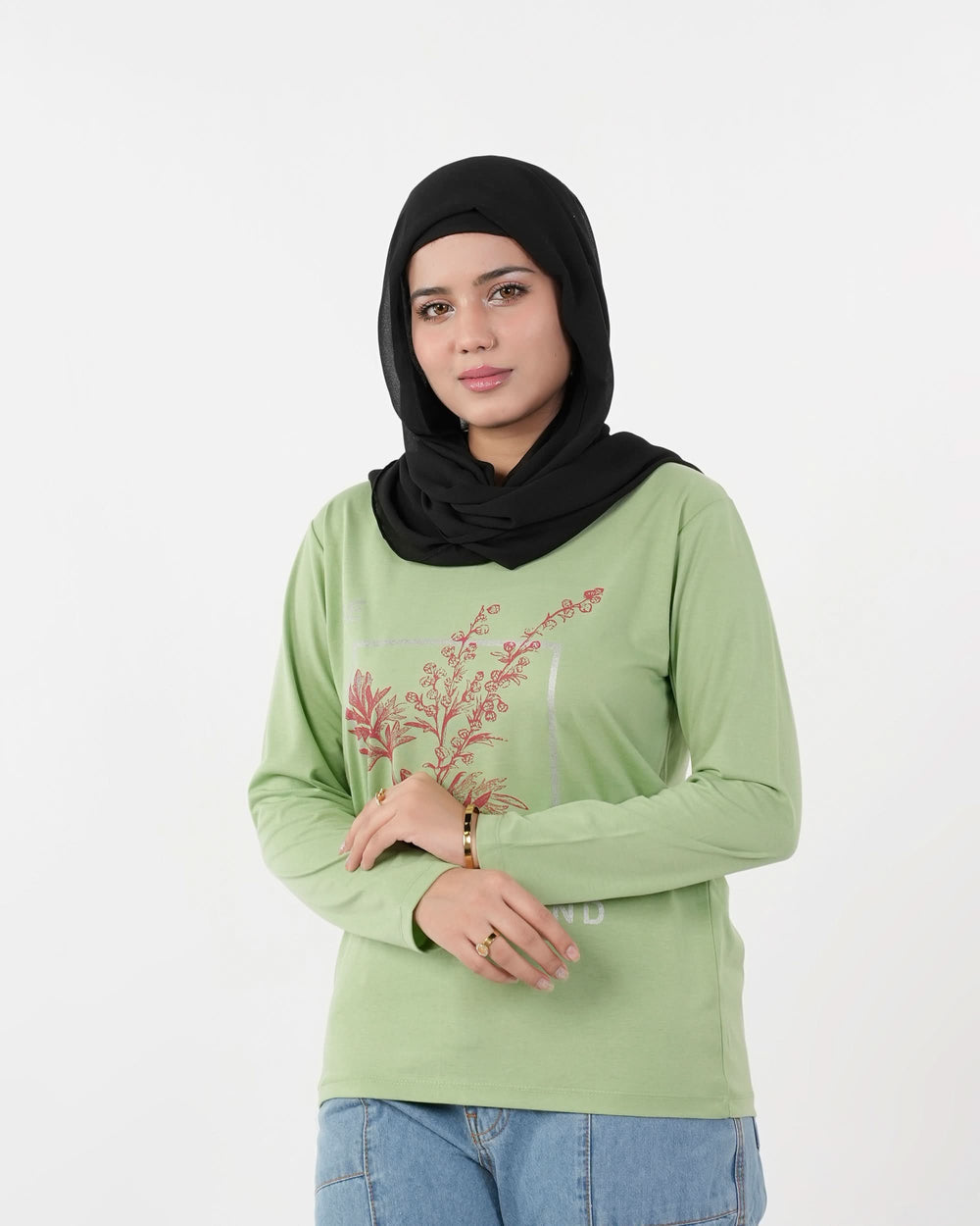 Women's Full Sleeves Printed T-Shirt - Light Green