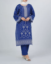 Women's Embroidered Wider Length 3 Pcs Suit - Blue