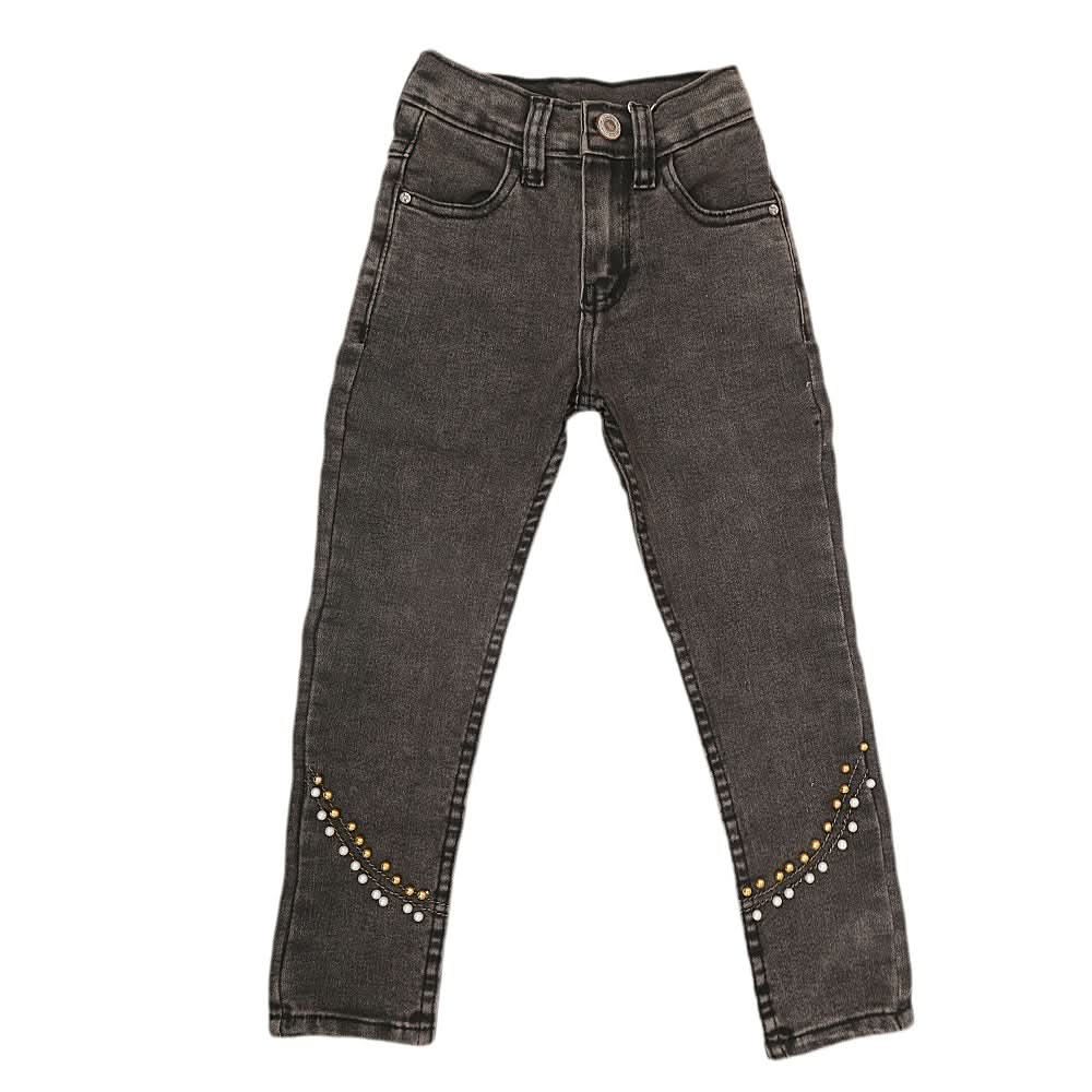 Girls Pearls Denim Pant - Dark Grey