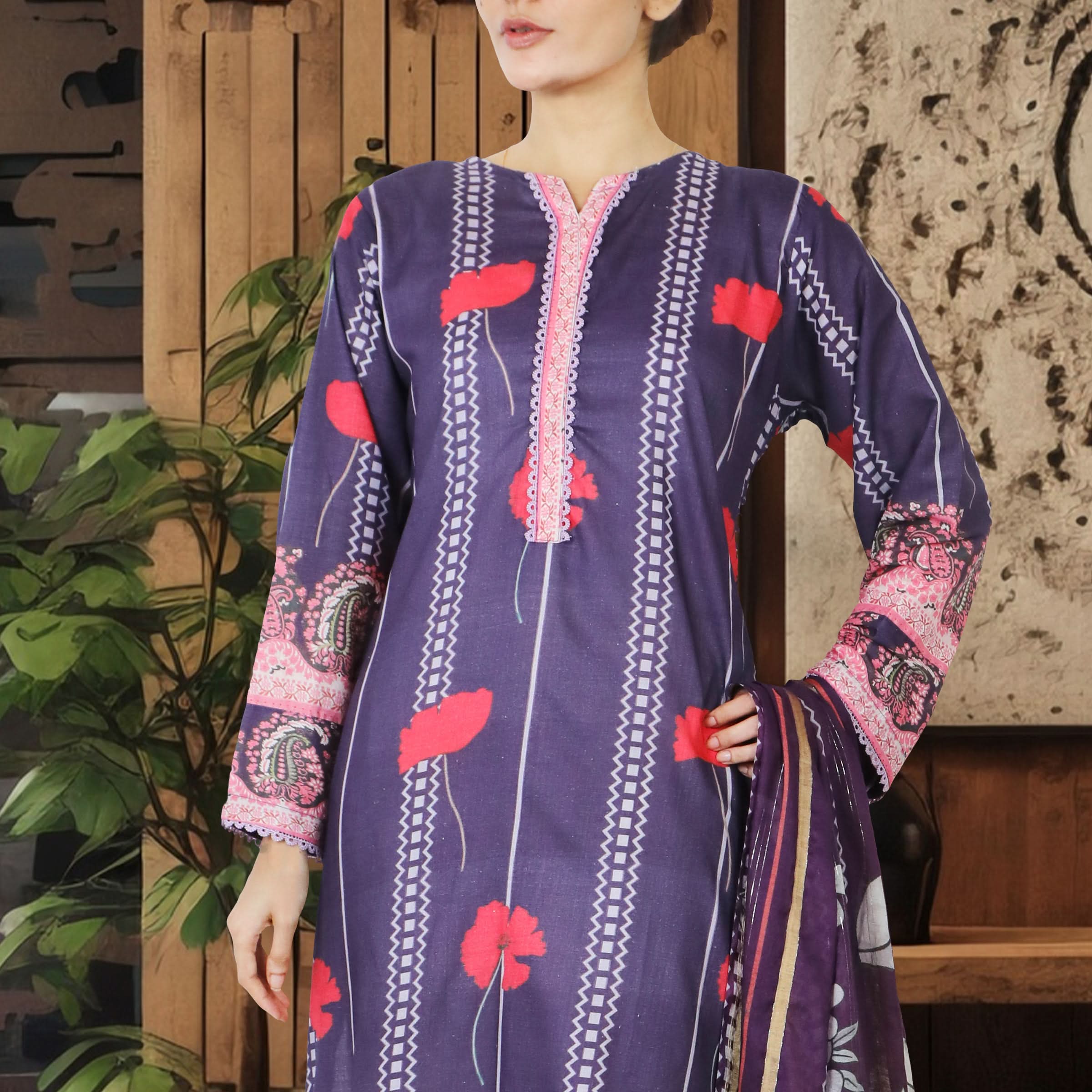 Valuable Cotton Digital Unstitched 3Pcs Suit - 2