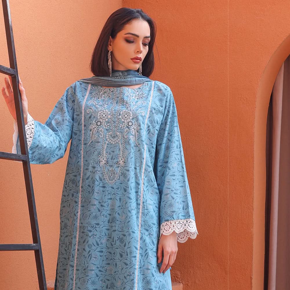 Rashid Samar Printed Embroidered Lawn Unstitched 3Pcs Suit - 8157