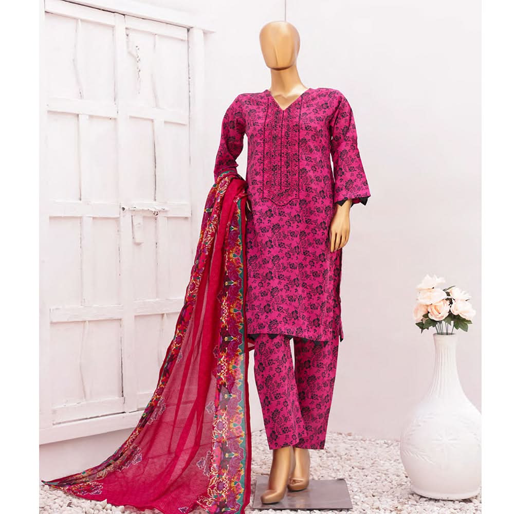 Hira Printed Lawn Embroidered 3Pcs Suit with Bember Dupatta - 9