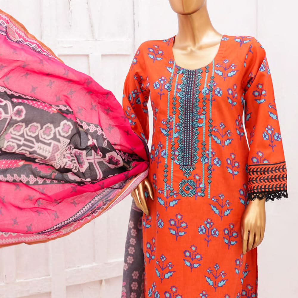 Hira Printed Lawn Embroidered 3Pcs Suit with Bember Dupatta - 2