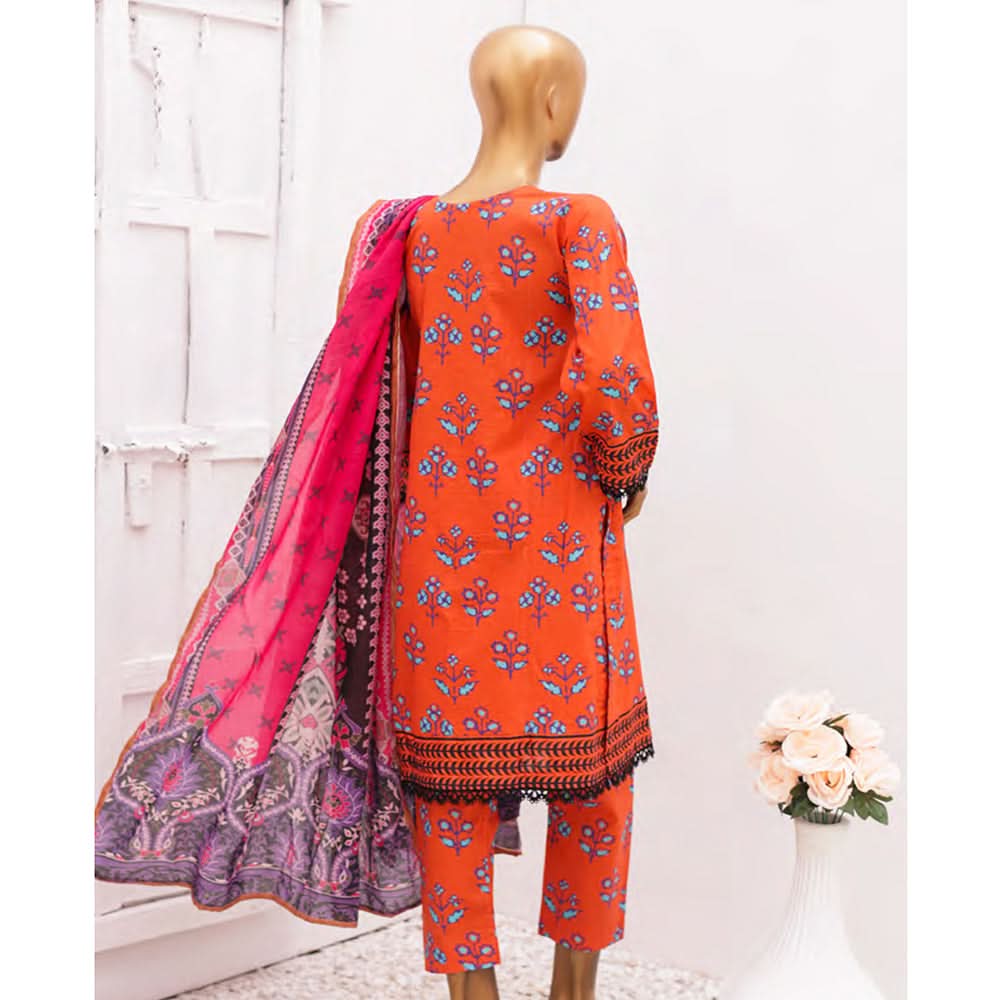 Hira Printed Lawn Embroidered 3Pcs Suit with Bember Dupatta - 2