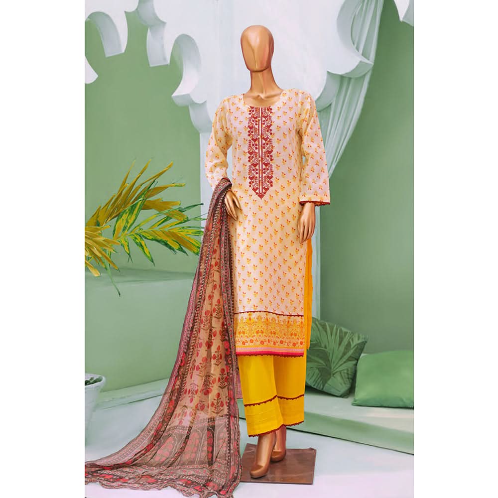 Minahil Printed Lawn Embroidered 3Pcs Suit with Bember Dupatta - 1