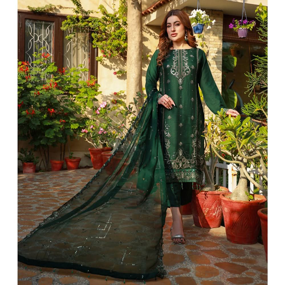 Schick Munsha Chiffon Fancy Embroidered Semi Stich 3Pcs Suit - 3