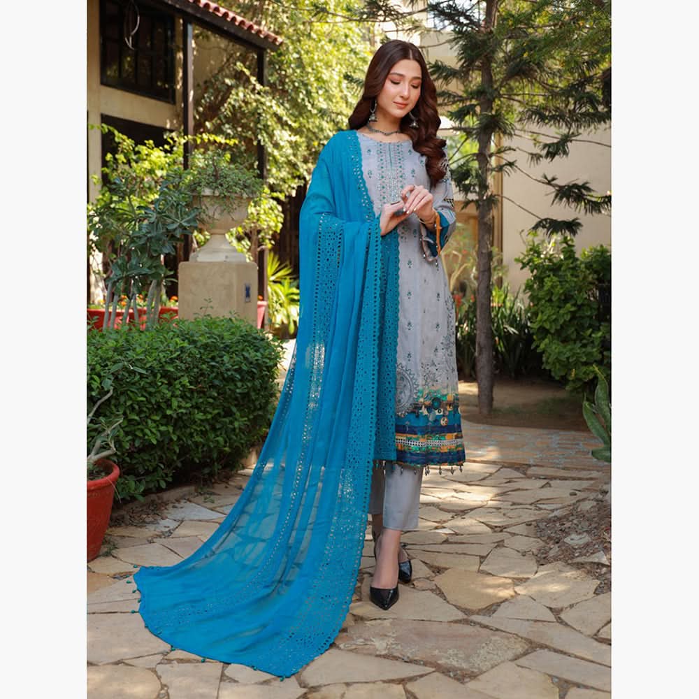 Schick Oodhni Lawn Printed Embroidered Unstitched 3Pcs Suit - 1