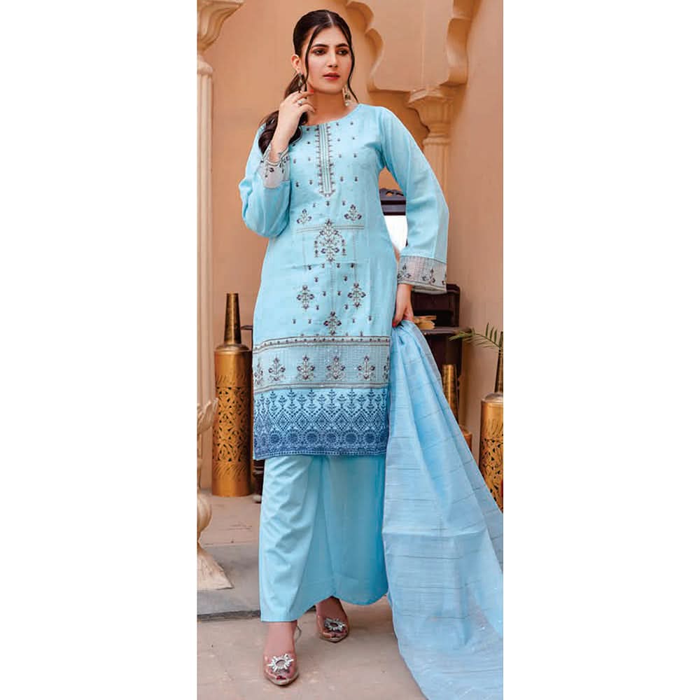 Women Kohenoor Lawn Self Jacquard Schiffli Embroidered Unstitched 3Pcs Suit - 4