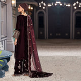 Eminent Women's Velvet Embroidered Unstitched Suit With Embroidered Shawl - Maroon
