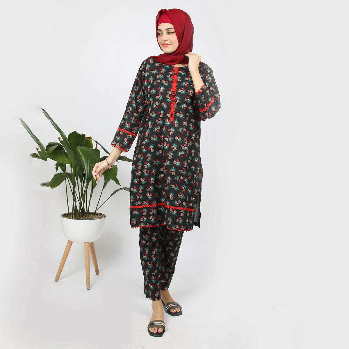 Women's Printed Khaddar Stitched 2pcs Suit - Black