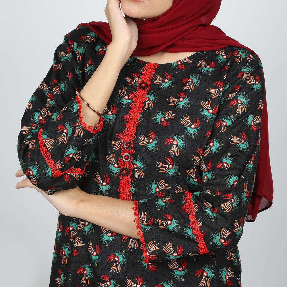 Women's Printed Khaddar Stitched 2pcs Suit - Black