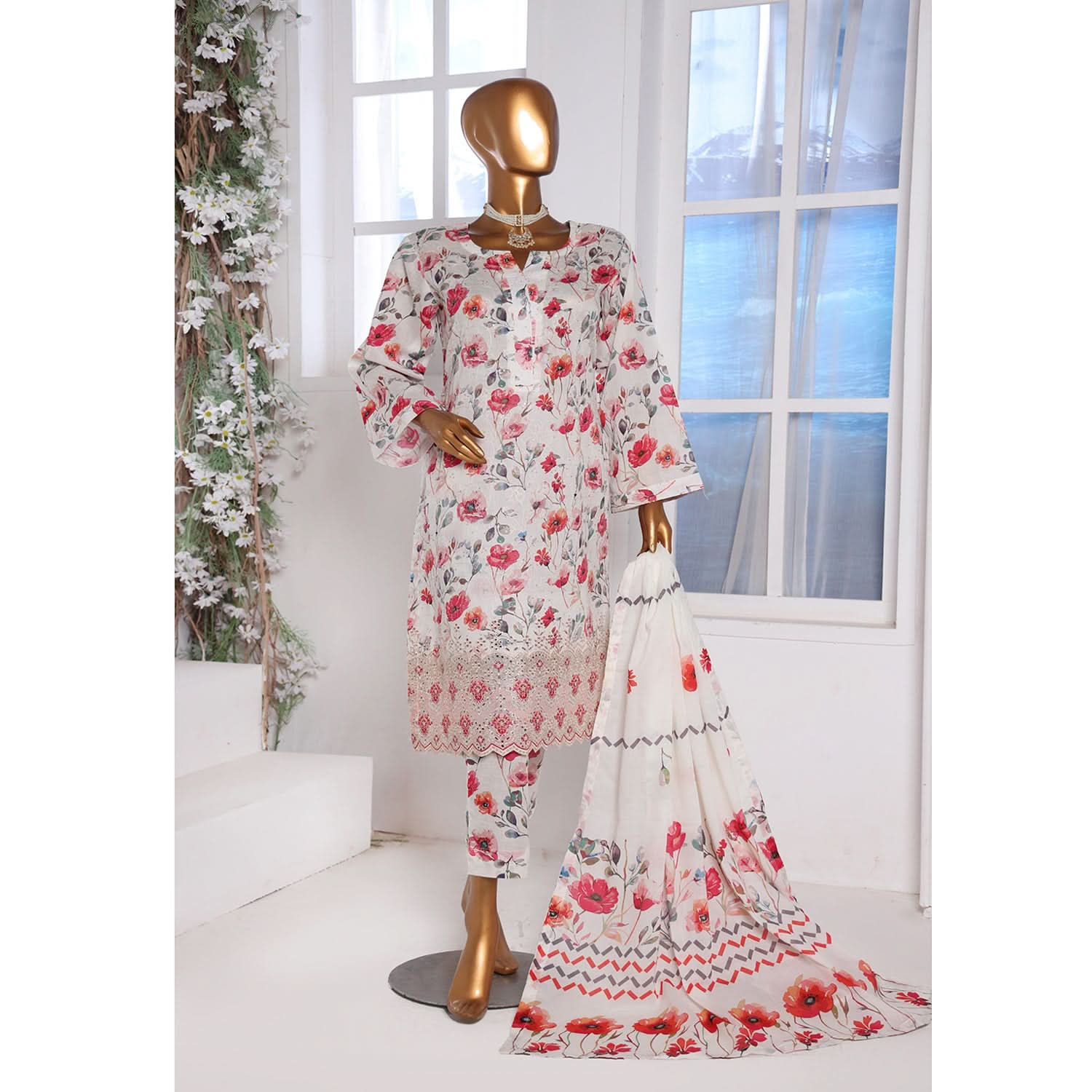 3D Daman kari By MI Creation Printed Lawn With Embroidered Unstitched 3Pcs Suit - 3