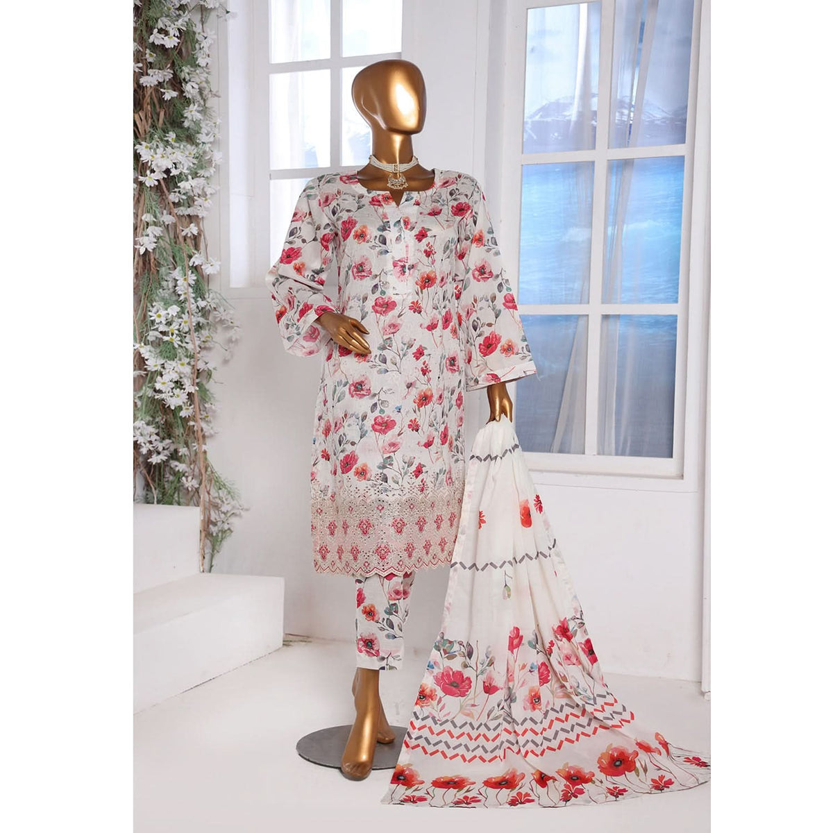 3D Daman kari By MI Creation Printed Lawn With Embroidered Unstitched 3Pcs Suit - 3