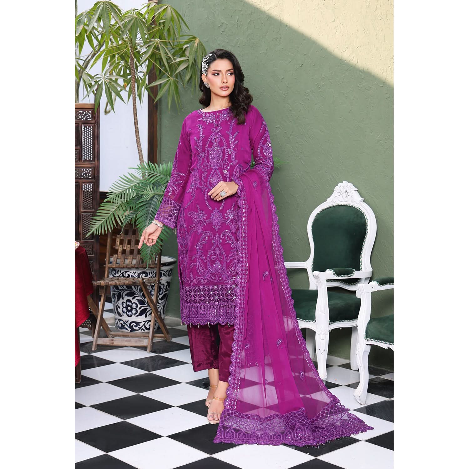 Emerald Chiffon By Dr. Haris Hand Embellishment Sami Unstitched 3Pcs Suit - 3