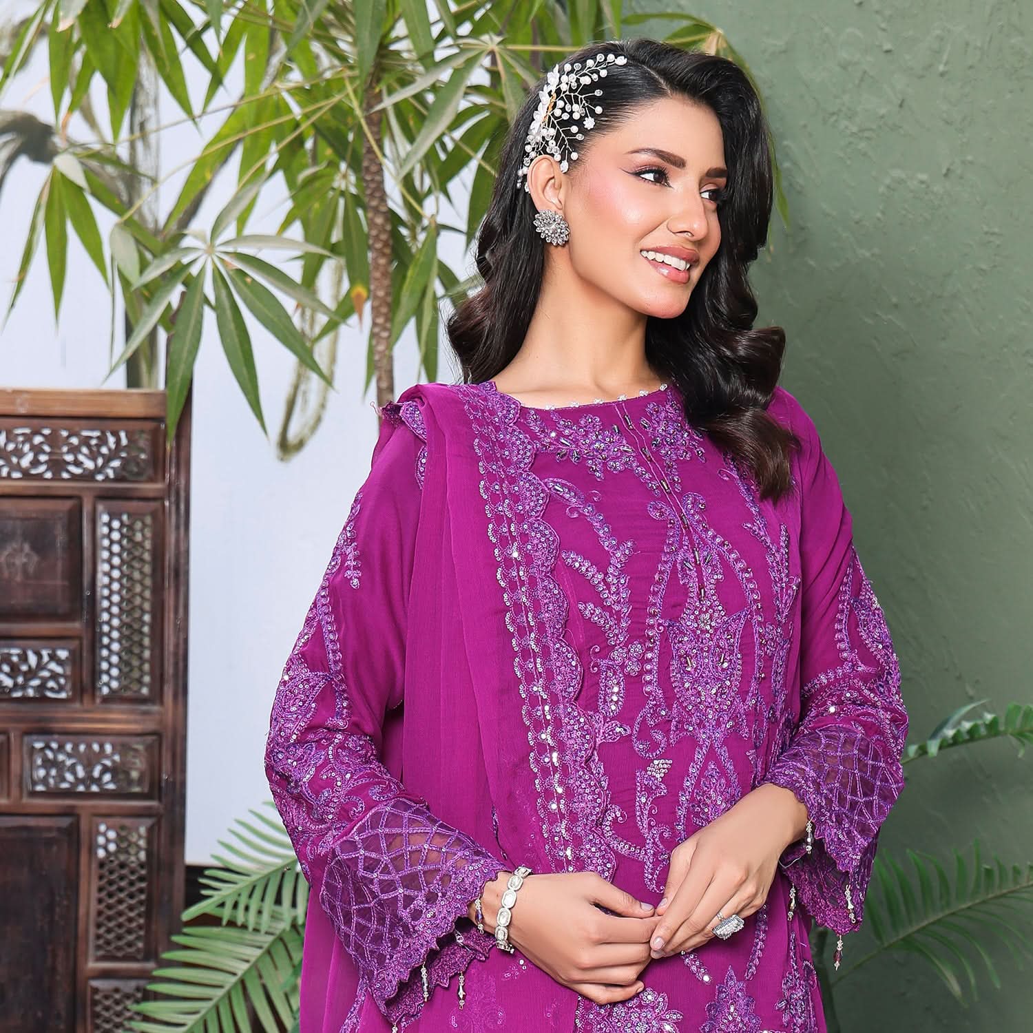 Emerald Chiffon By Dr. Haris Hand Embellishment Sami Unstitched 3Pcs Suit - 3
