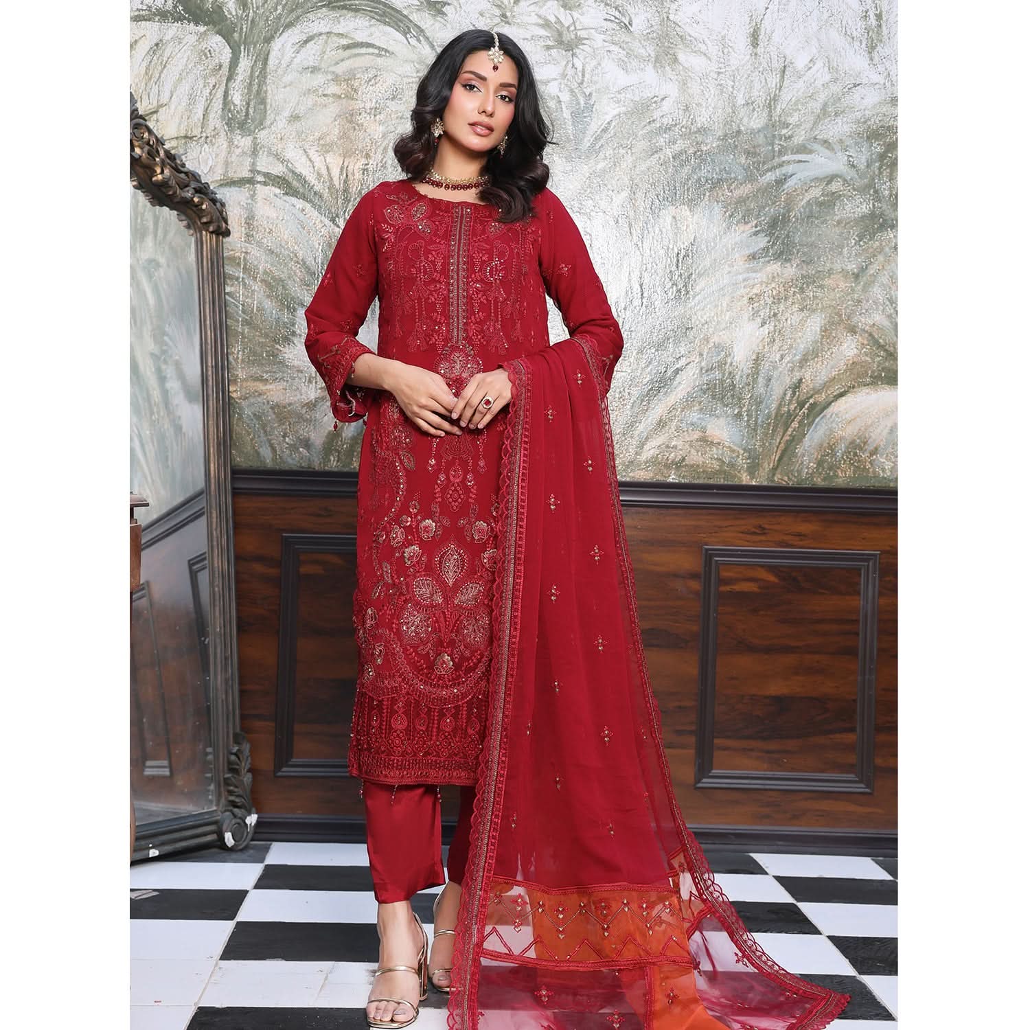 Emerald Chiffon By Dr. Haris Hand Embellishment Sami Unstitched 3Pcs Suit - 2