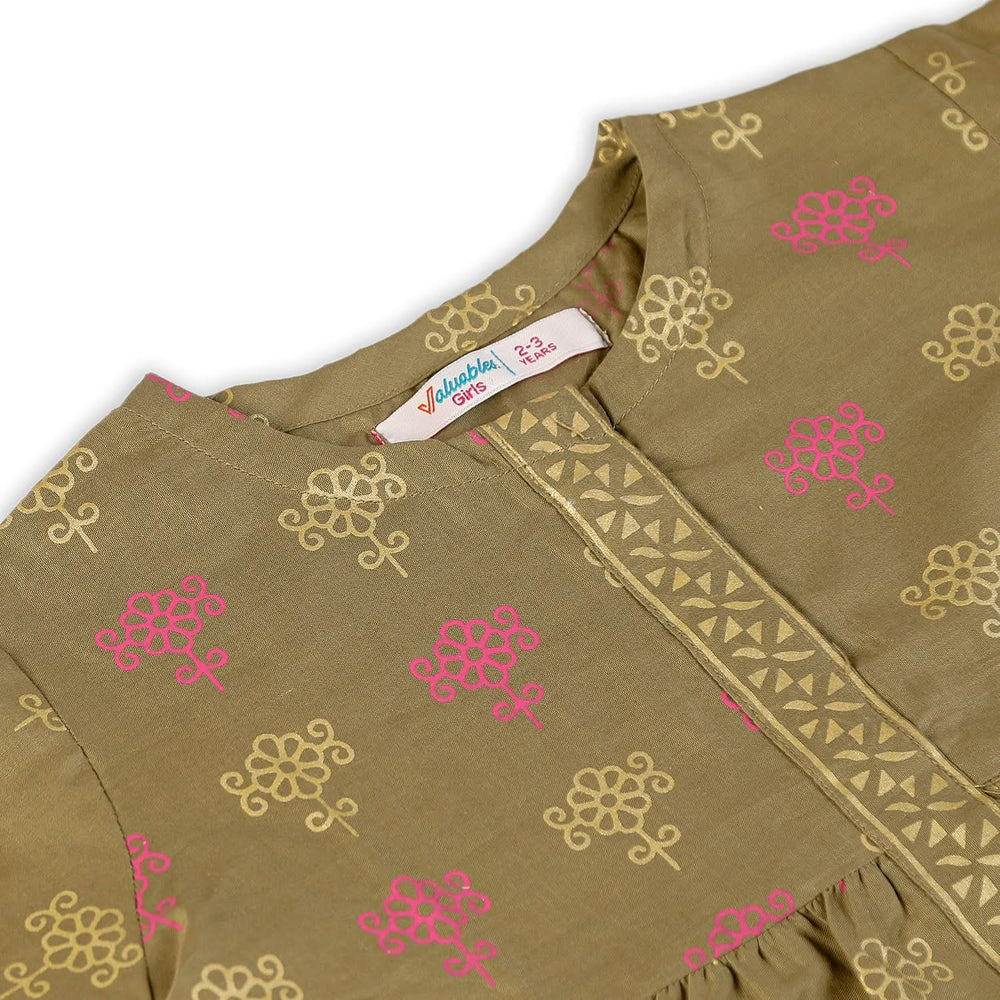 Girls 2 Pcs Cotton Shalwar Suit - Olive