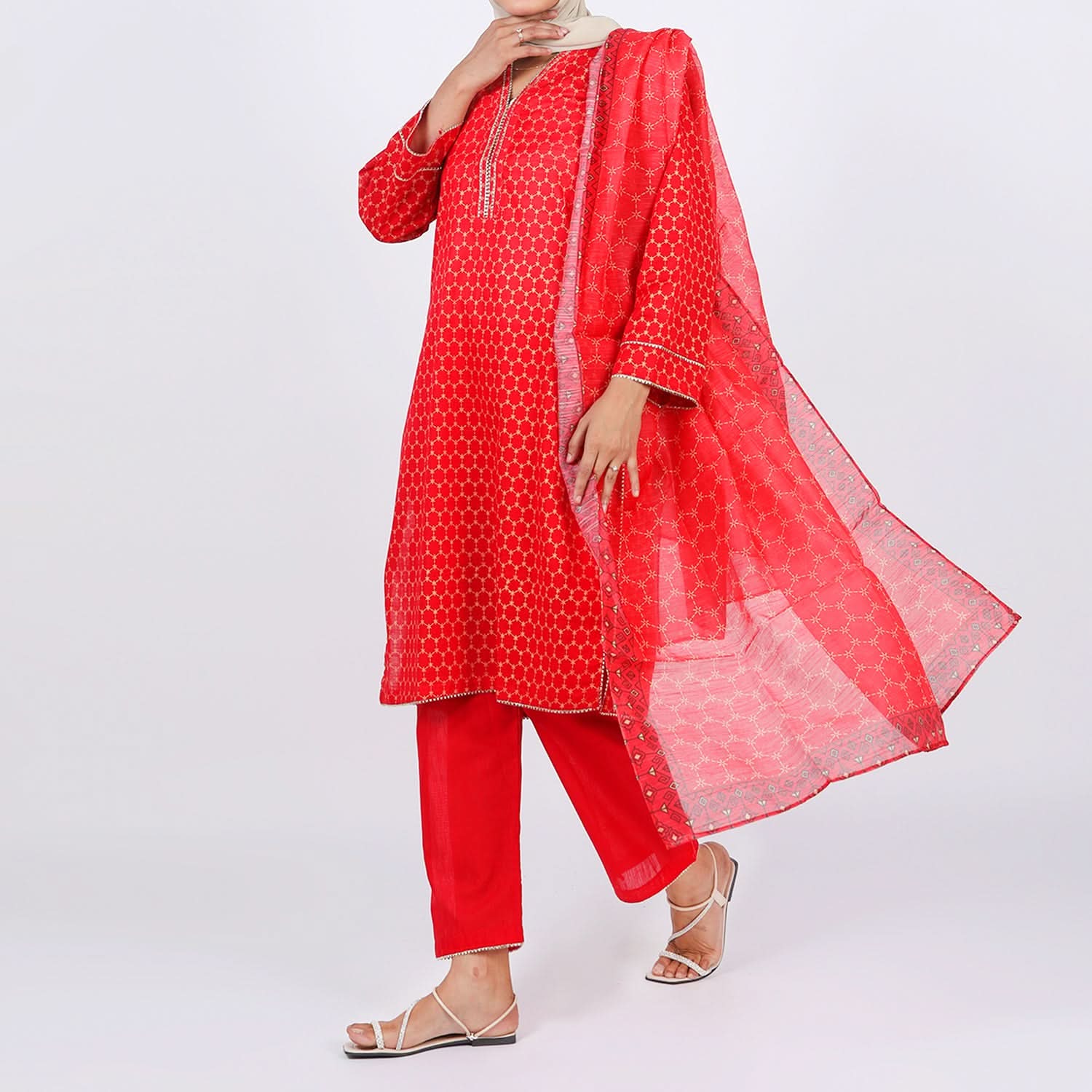 Women’s Stitched 3-Piece Cotton Suit – Red