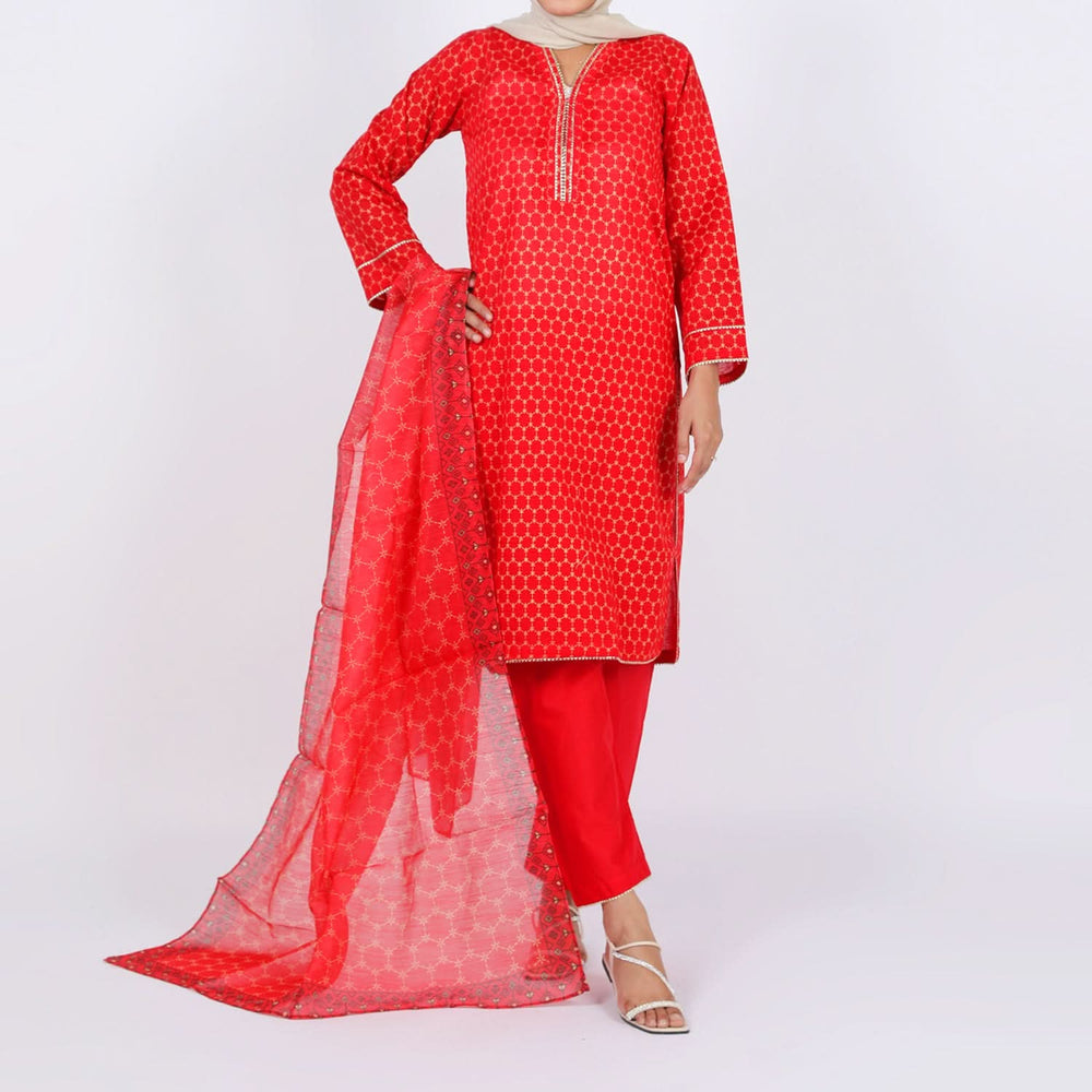 Women’s Stitched 3-Piece Cotton Suit – Red