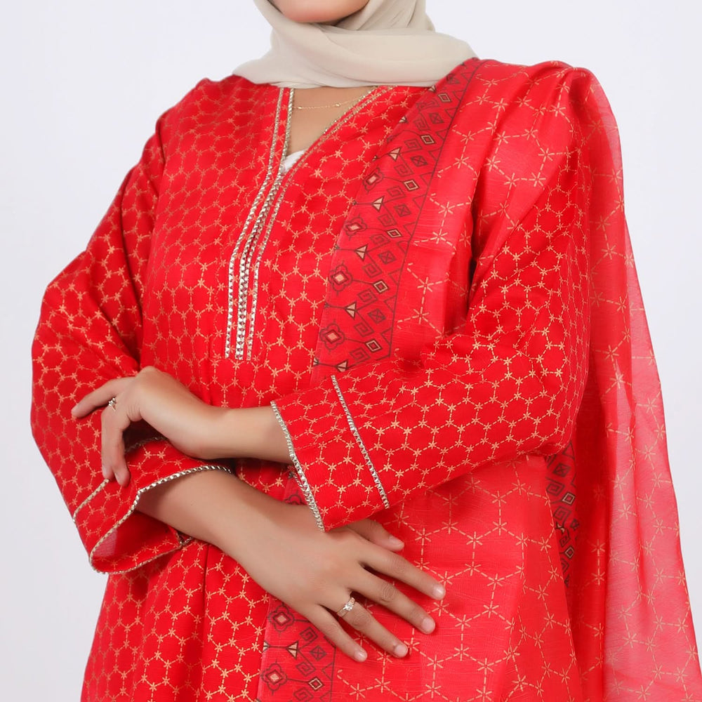 Women’s Stitched 3-Piece Cotton Suit – Red