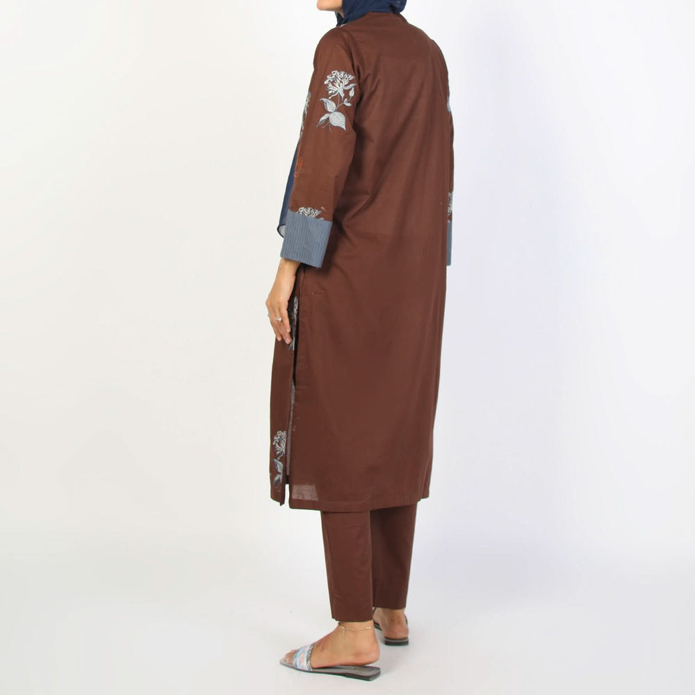 Women's Embroidered Eastern Co-Ord Set - Brown