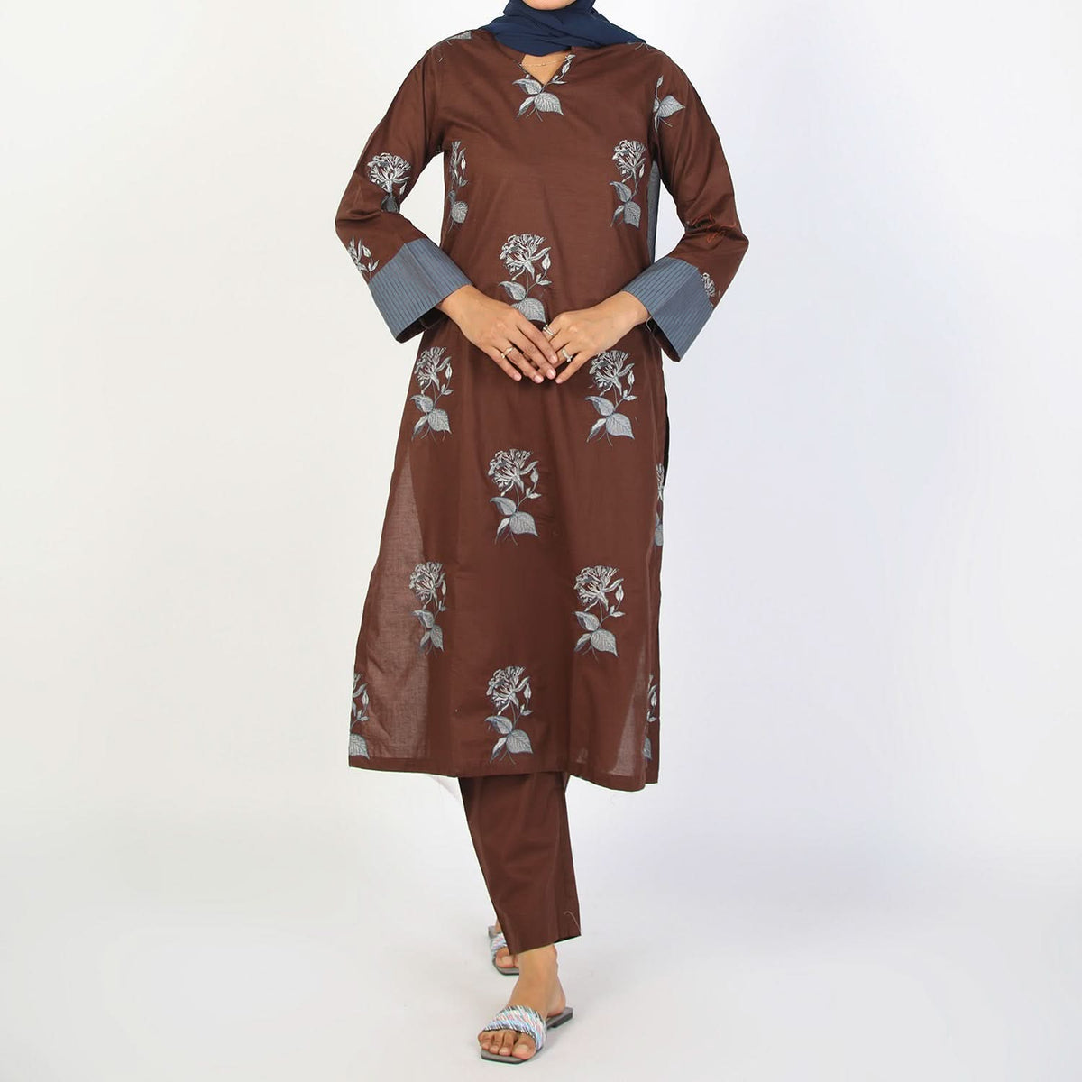 Women's Embroidered Eastern Co-Ord Set - Brown
