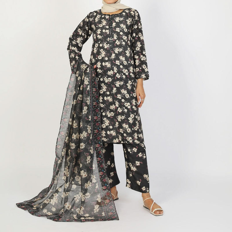 Women's Lawn Printed Embroidered 3Pcs Suit - Black