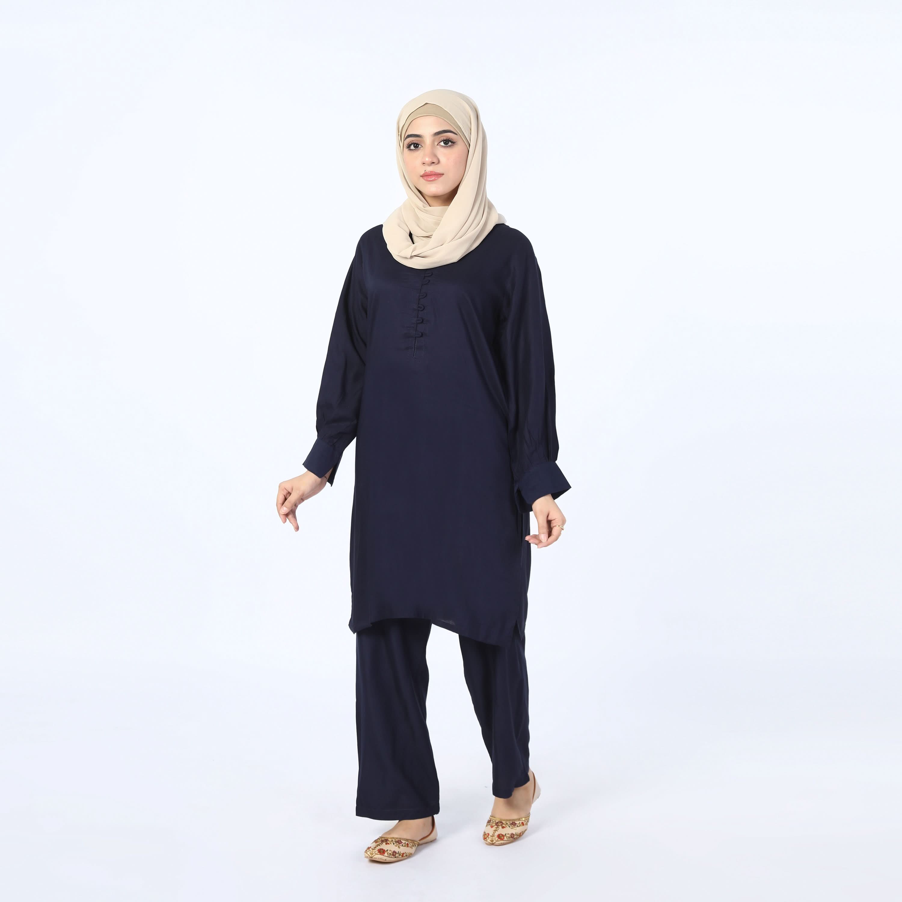 Women's Dyed Solid Co-Ord Set - Navy Blue