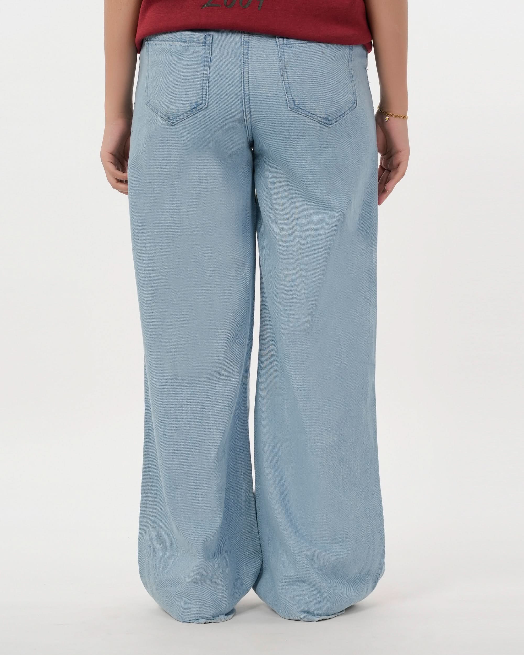 Women's Flared Denim With Belt - Ice Blue