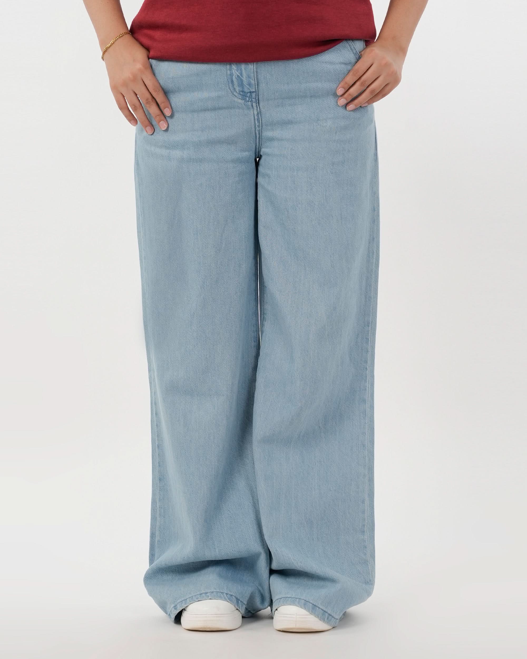 Women's Flared Denim With Belt - Ice Blue