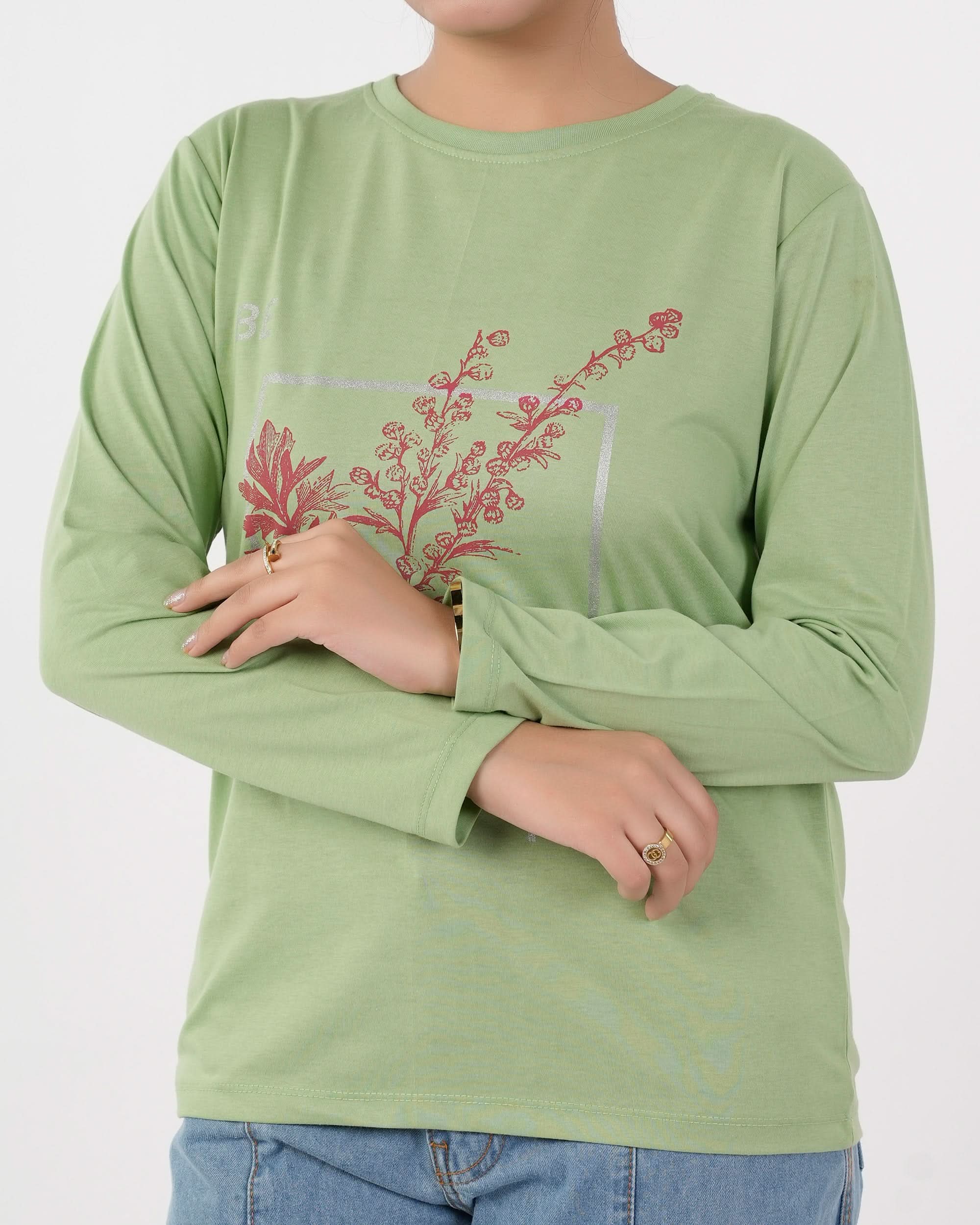 Women's Full Sleeves Printed T-Shirt - Light Green