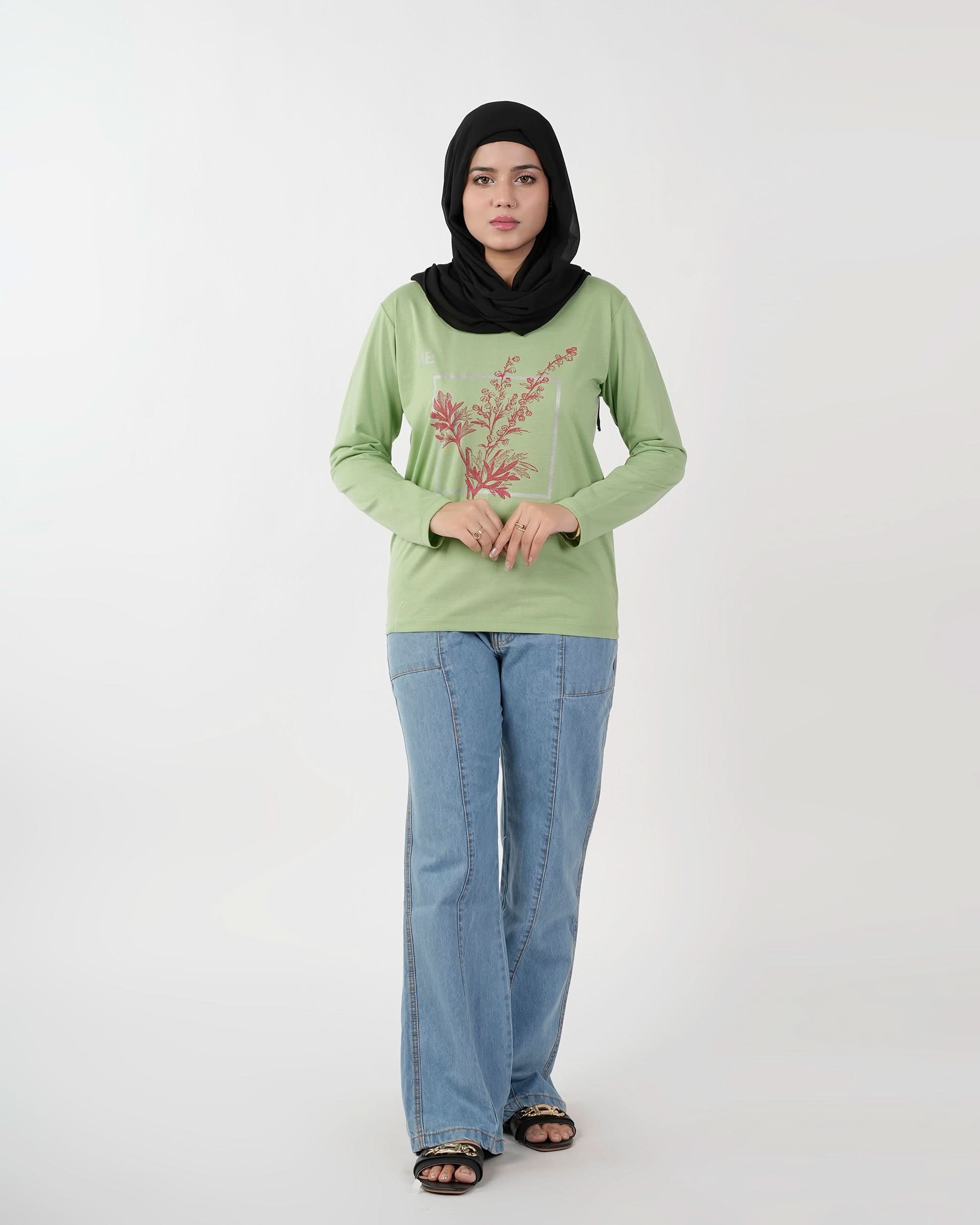 Women's Full Sleeves Printed T-Shirt - Light Green