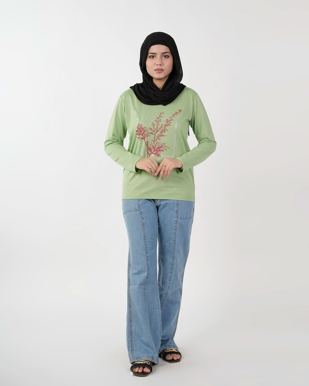 Women's Full Sleeves Printed T-Shirt - Light Green