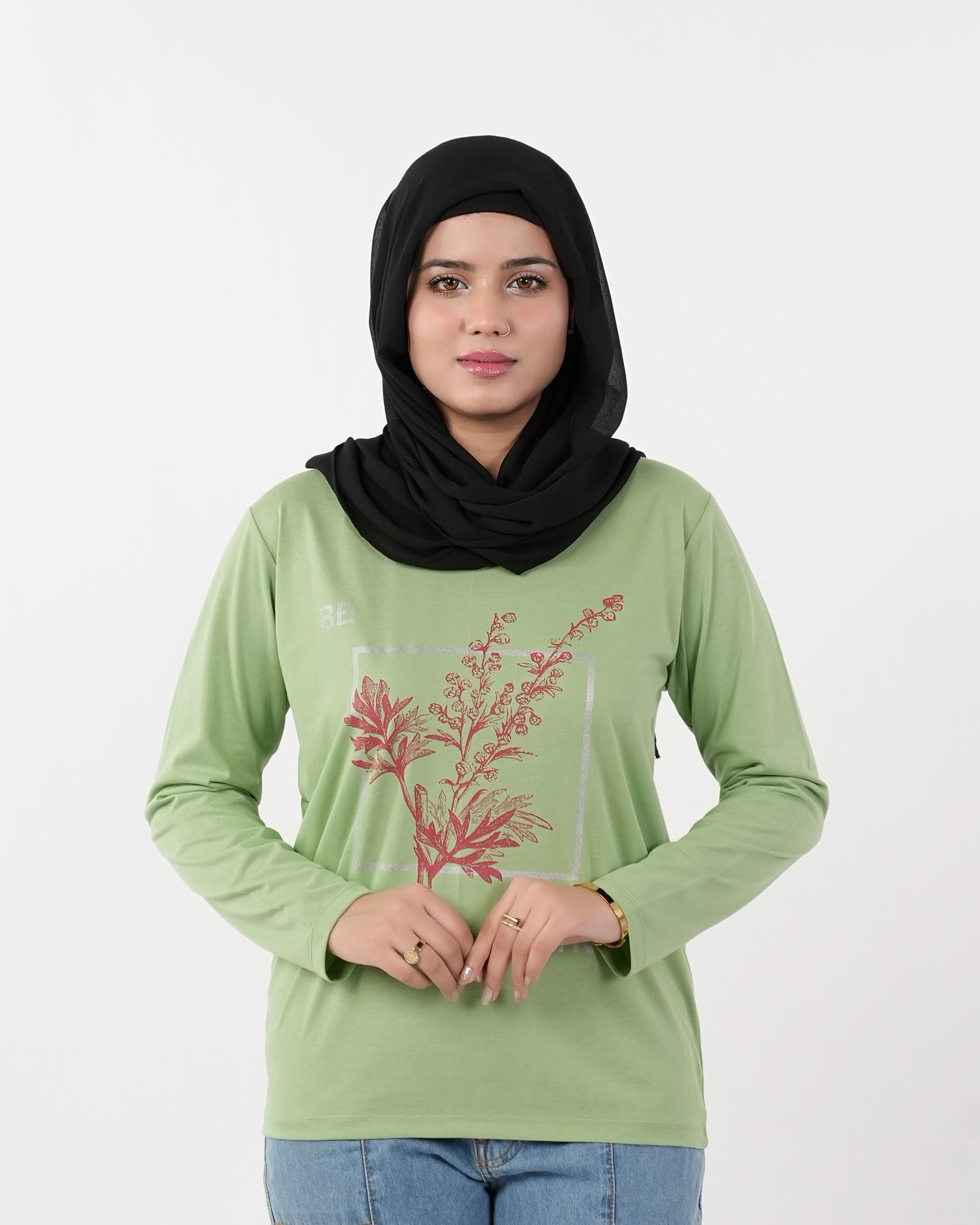 Women's Full Sleeves Printed T-Shirt - Light Green