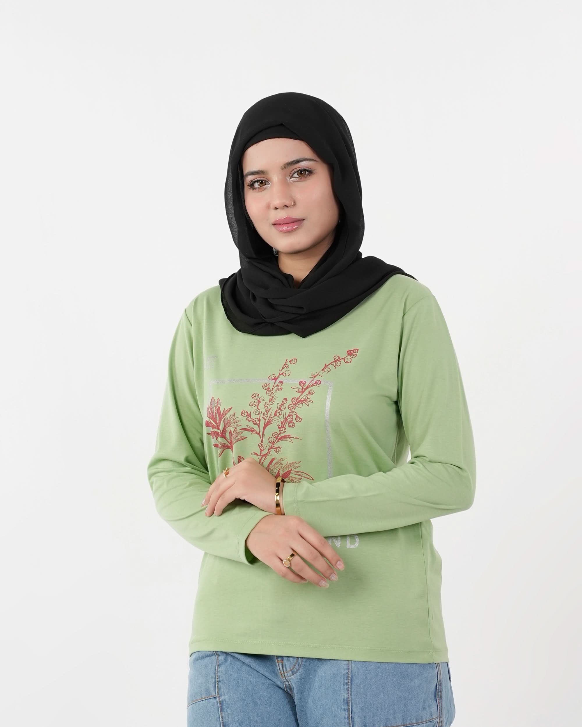 Women's Full Sleeves Printed T-Shirt - Light Green