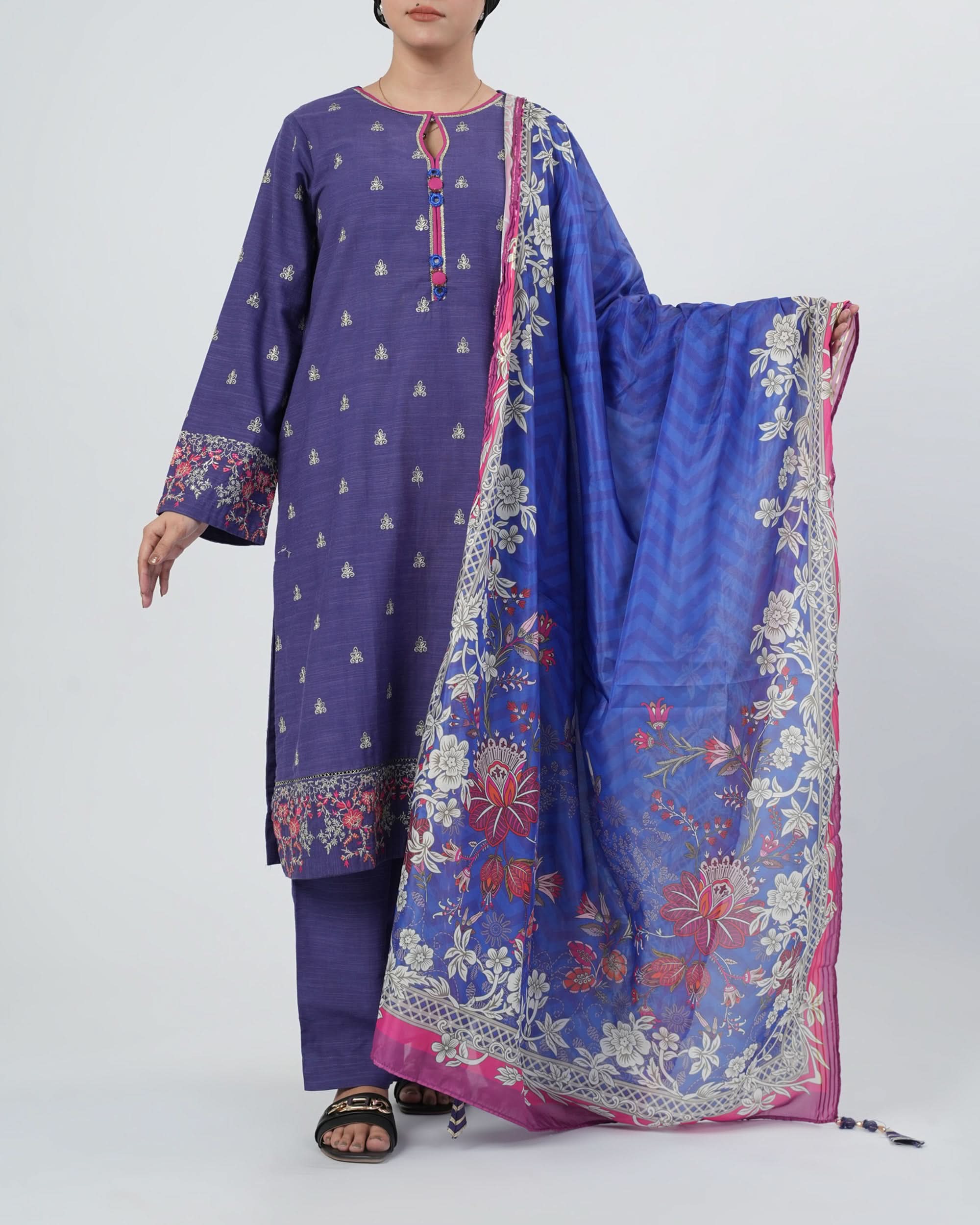 Eminent Women's Dyed Slub 3Pcs Suit - Blue