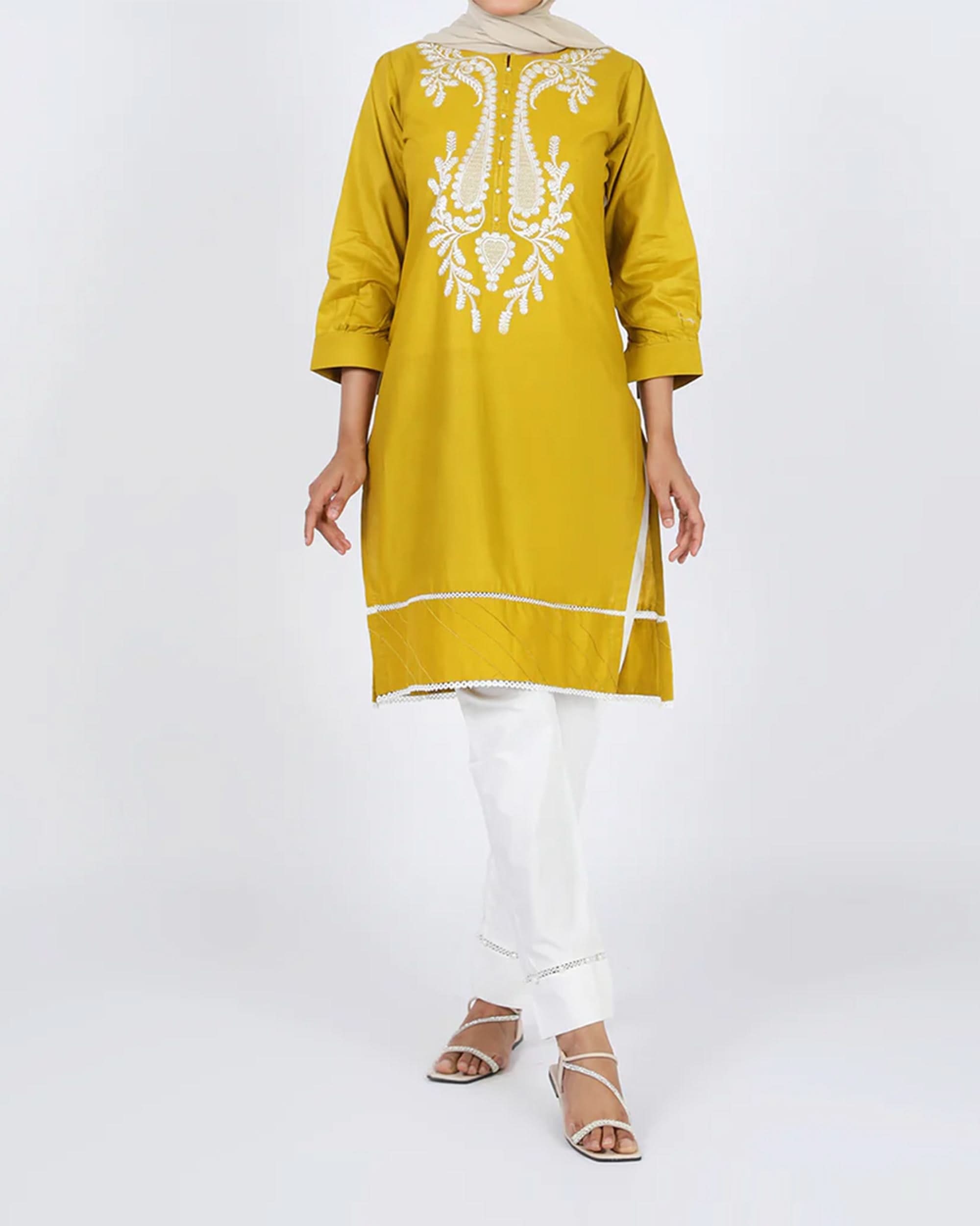 Women's Embroidered Kurti - Mustard