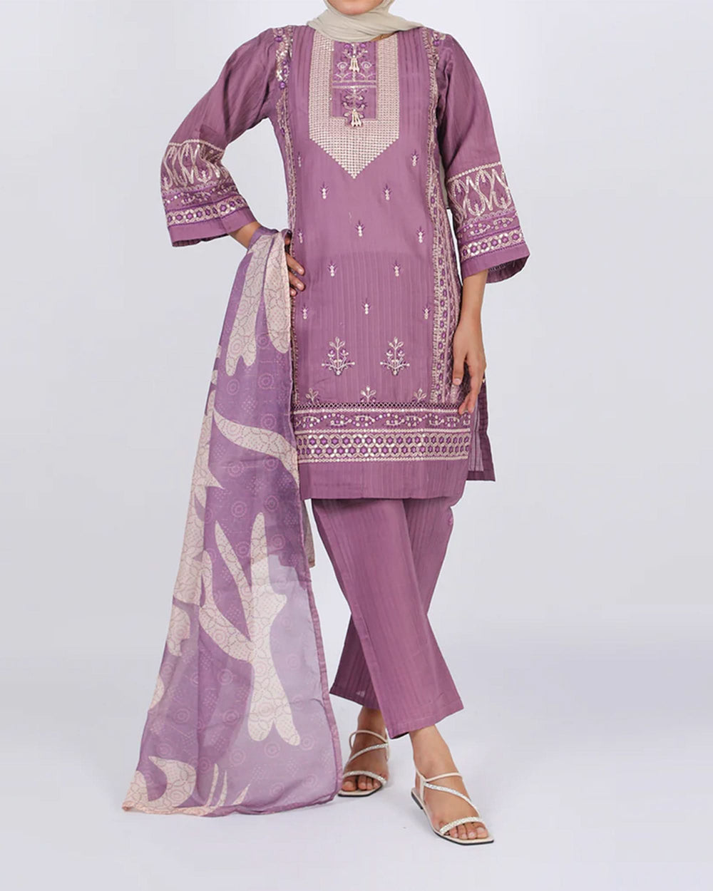 Women's Stitched 3-Piece Doriya Suit - Pink
