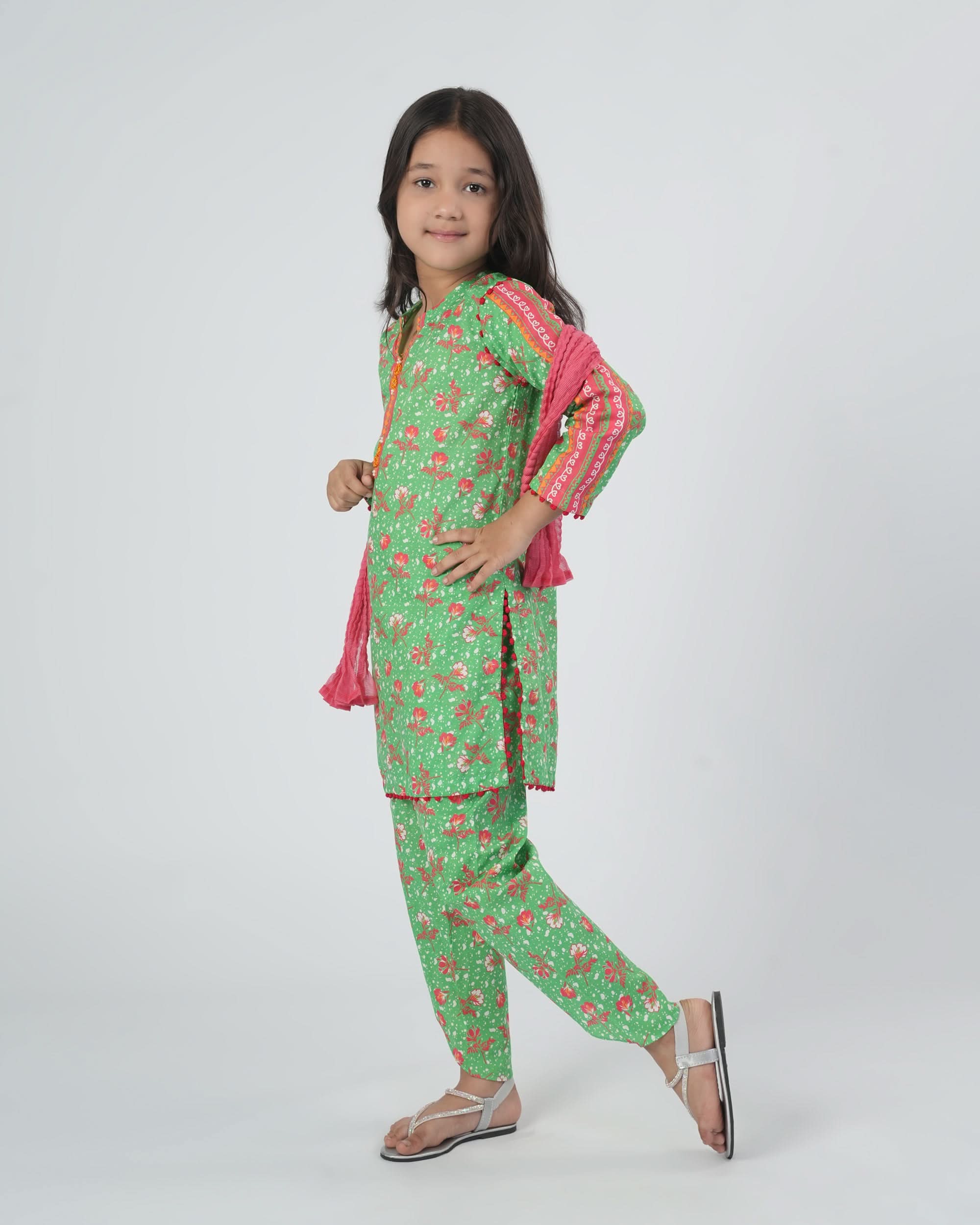Eminent Girls Printed Shalwar Suit - Green
