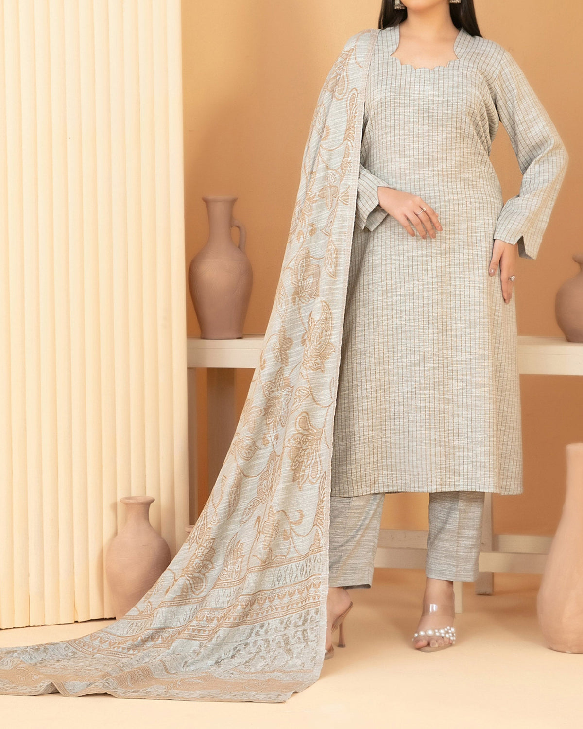 Tawakkal Abiha Stripe Leather Peach Suit with Shawl - 3 Pc